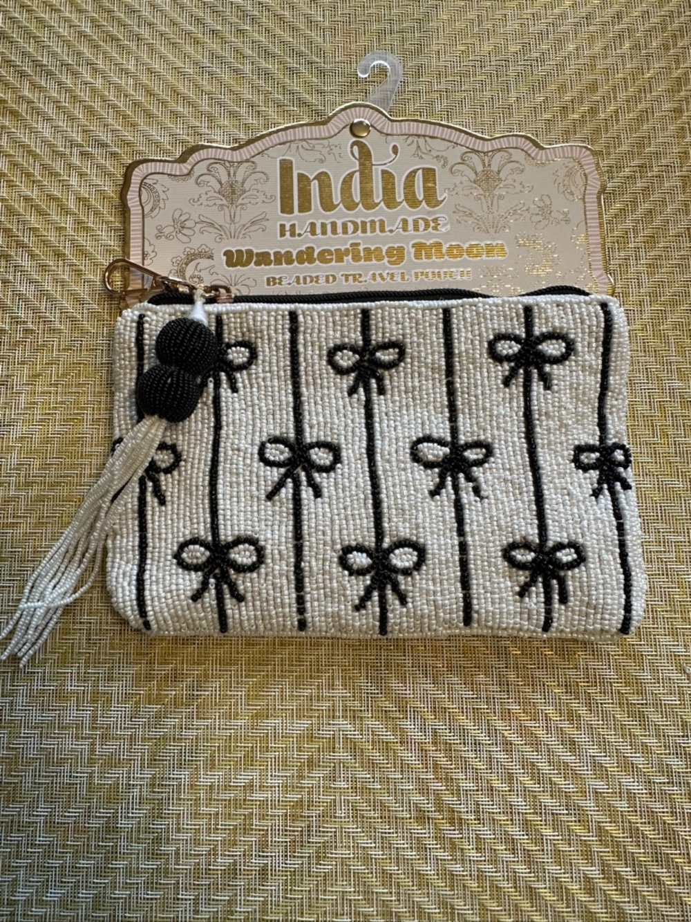 Handmade India Beaded Cosmetic Pouch in White with Black Bow Detail